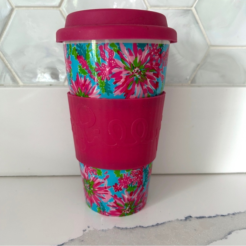 Lilly Pulitzer Ceramic Travel Mug with lid, “Beach Rose” pattern